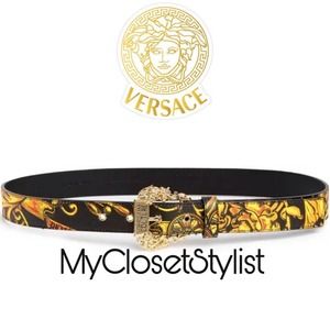 VERSACE Gold Statement Leather Belt NWT Signature Pattern Italy 95 large unisex